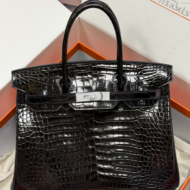 Hermès Birkin 30 Noir Porosus Crocodile Diamond Hardware