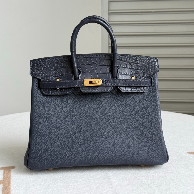 Hermès Birkin Touch 25 Bleu Nuit Togo Leather Matte Alligator Gold Hardware
