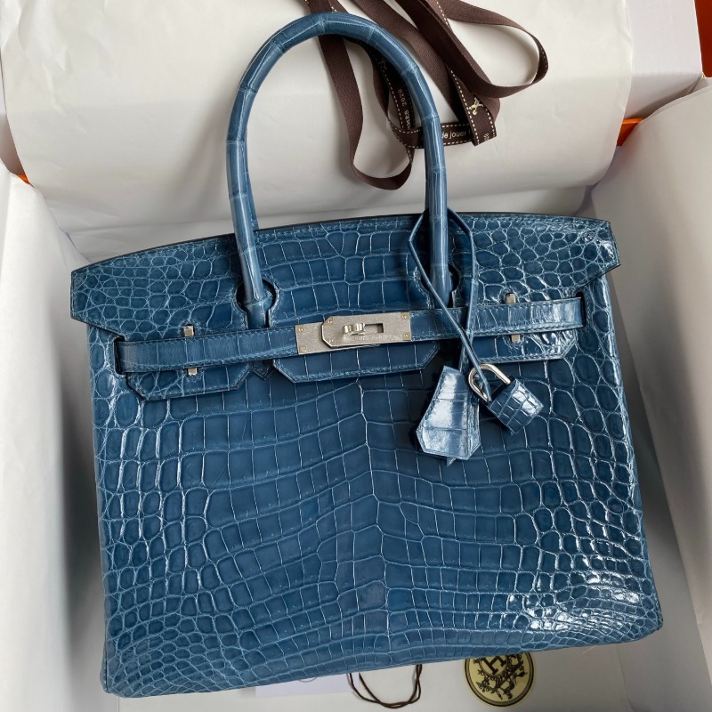 Hermès Birkin Retourne 30 Bleu Tempête Shiny Crocodile Palladium Hardware