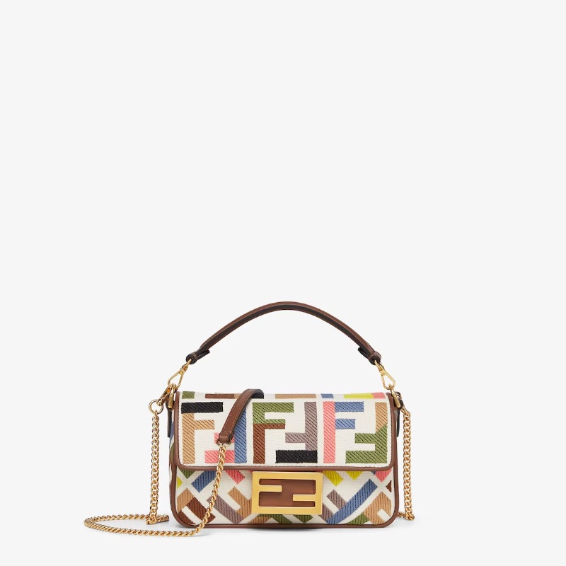 FENDI Baguette Mini Canvas Bag With Multicolor FF Embroidery